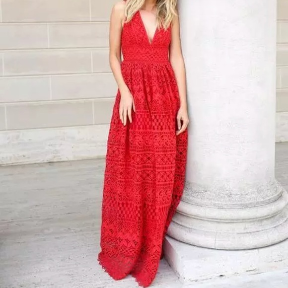Red crochet lace maxi dress formal gown long - Picture 3 of 7